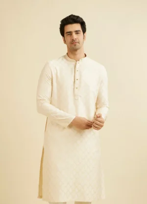 Cream Beige Buta Jaal Patterned Kurta Set